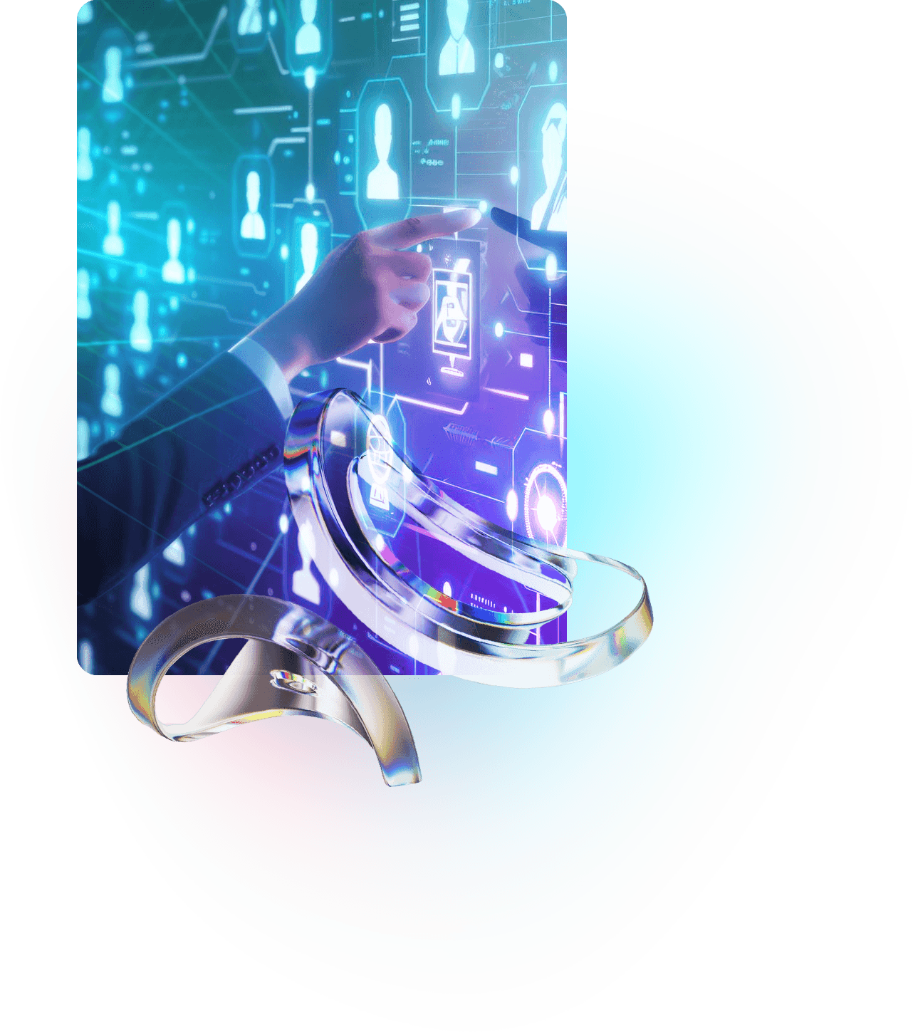 Ilustração 3D representando análise jurídica automatizada com mão tocando uma interface de matriz digital