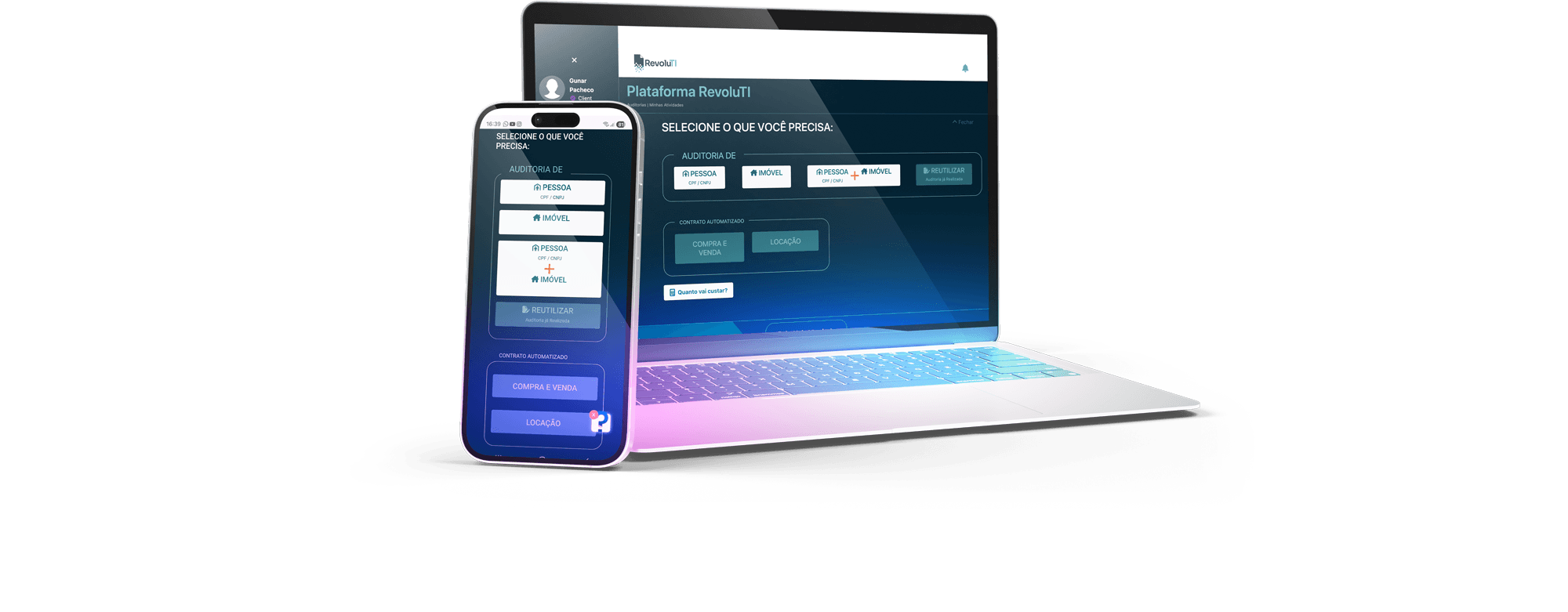 Plataforma Revoluti em laptop e celular com dashboard de auditoria