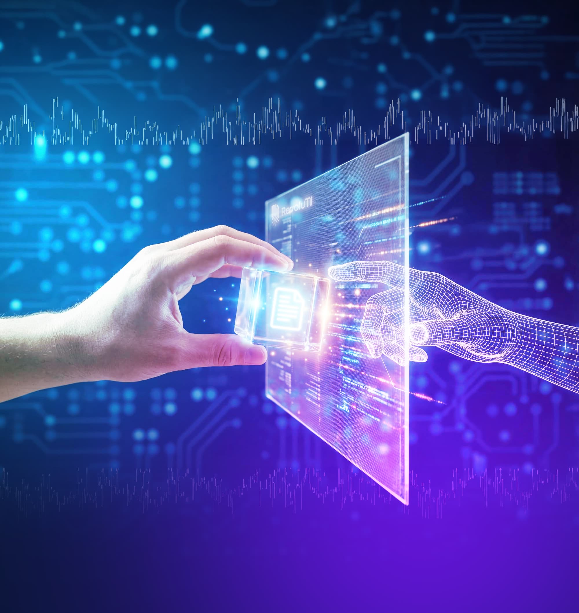 Visualização 3D representando a integração entre mão humana e mão digital sobre uma interface de inteligência jurídica